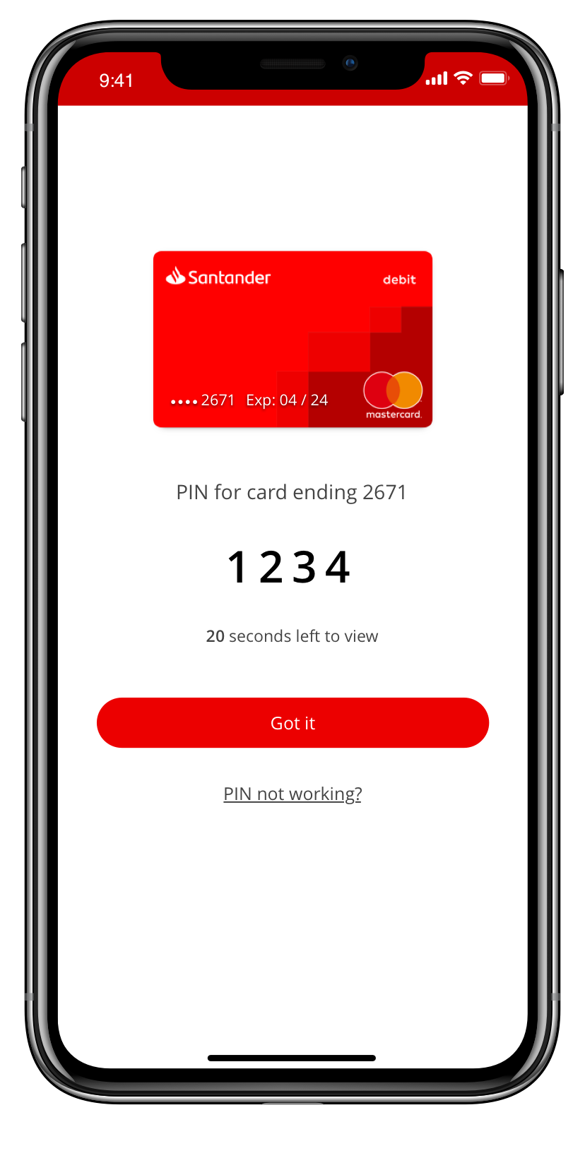 A screen in Mobile Banking showing a card’s PIN number with a maximum of 20 seconds to view.