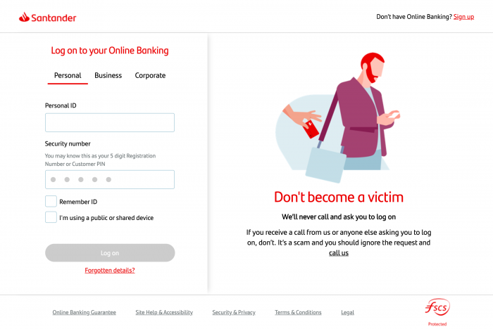 New Online Banking log on screenshot