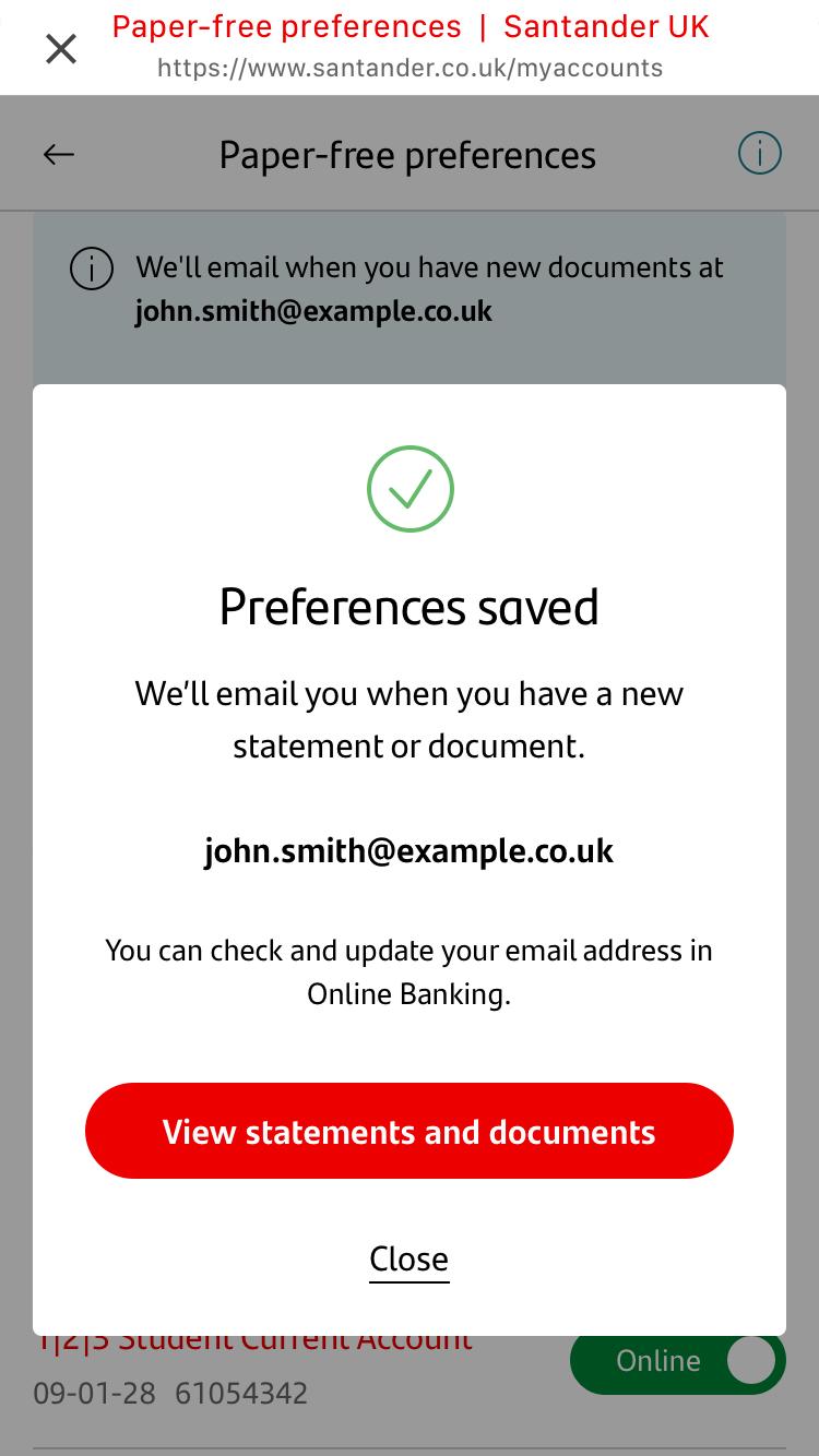 Screenshot of mobile banking paper free preferences confirmation screen