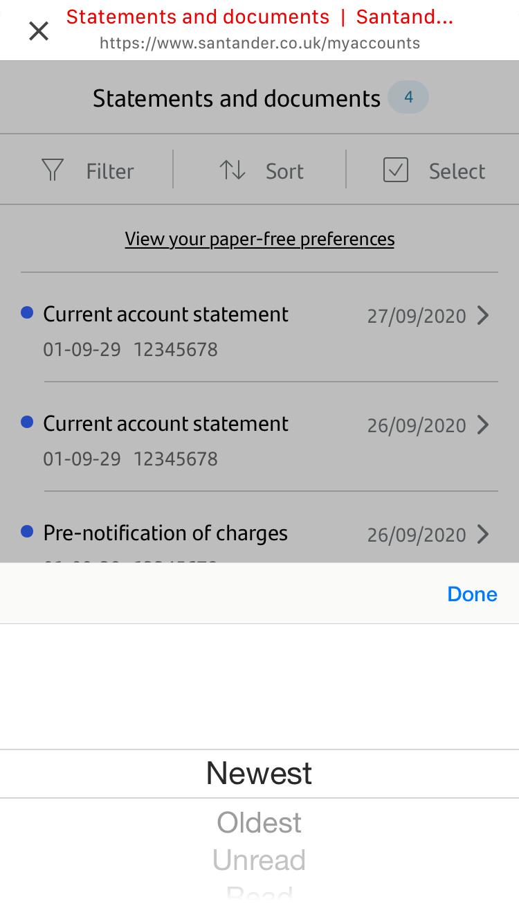 Screenshot of mobile banking documents sort screen