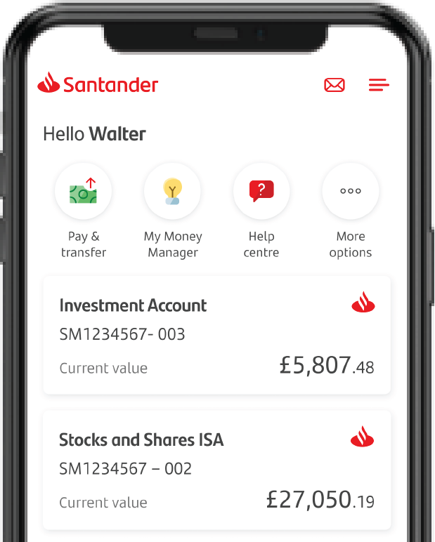 Santander app’s Investment homepage