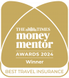 A picture of a gold Times Money Mentor award for best travel insurance winner, 2024