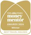 A picture of a gold Times Money Mentor award for best travel insurance winner, 2024.