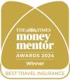 A picture of a gold Times Money Mentor award for best travel insurance winner, 2024