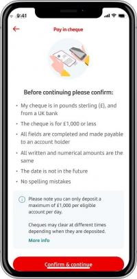 Deposit cheque screen in Mobile Banking app with a 6-step checklist you need to confirm about your cheque before continuing 