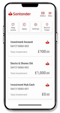 Santander app’s Investment homepage