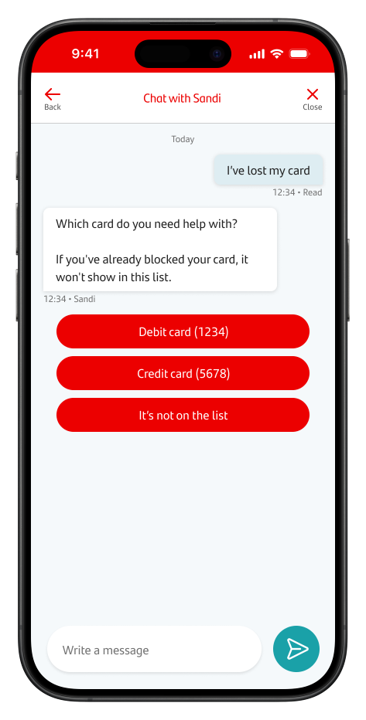 Screen is showing chat with Santander's Sandi tool asking what to do if their card has been lost or stolen