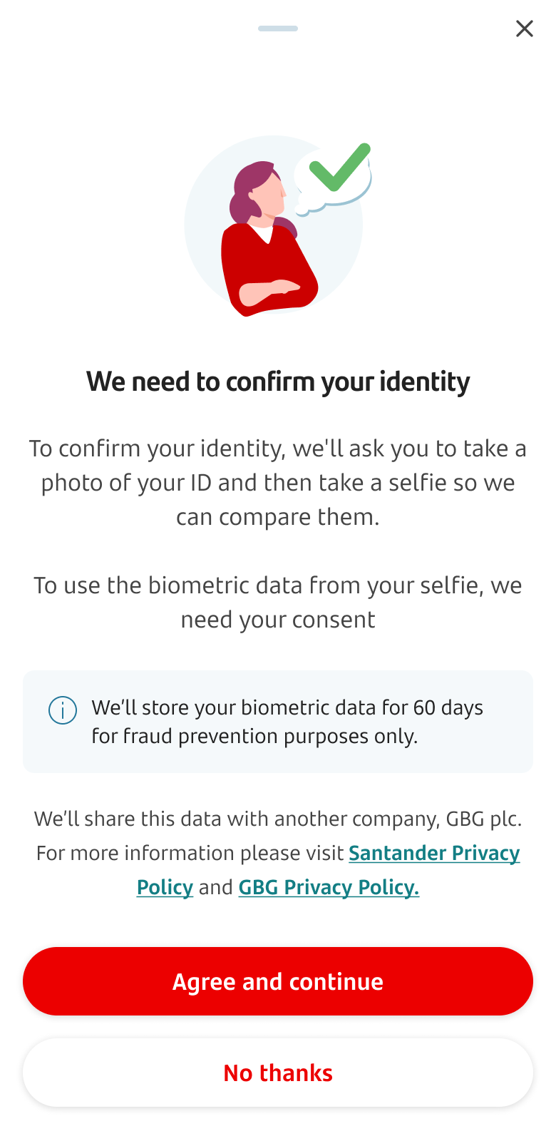 Screen to ask customers they'll need to take a selfie to confirm their identity.