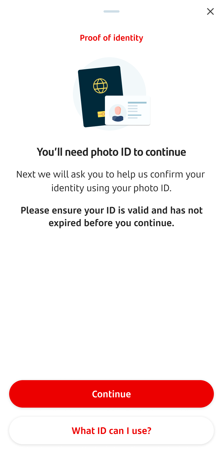 Proof of identity screen