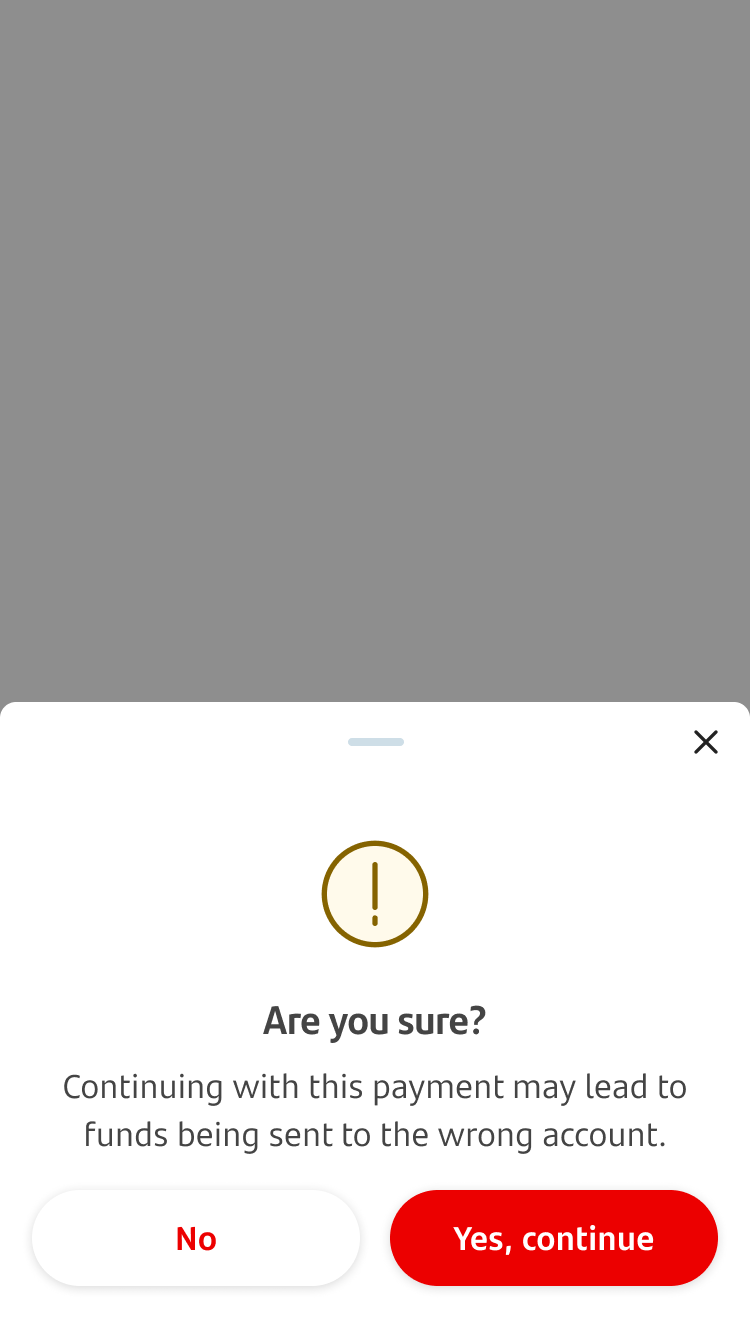Screen warning customers about sending payment to the wrong account