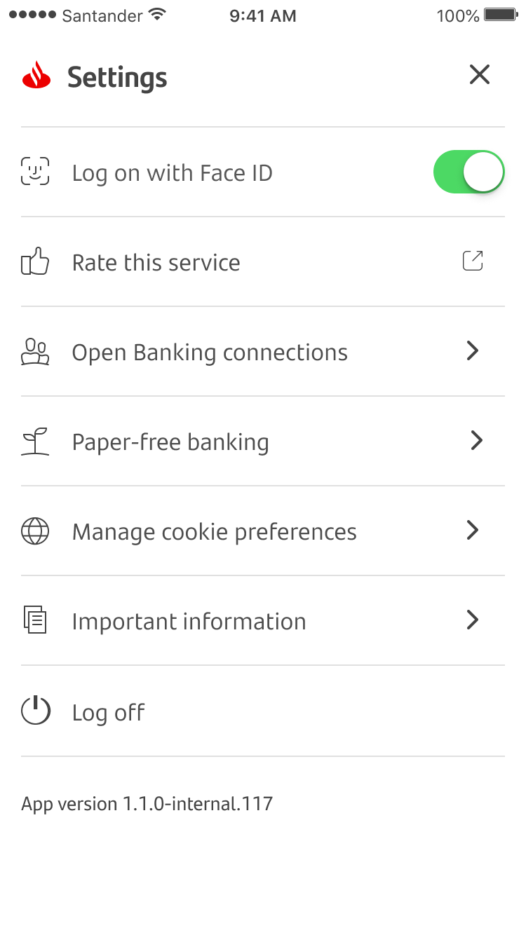 Screenshot of mobile banking more screen