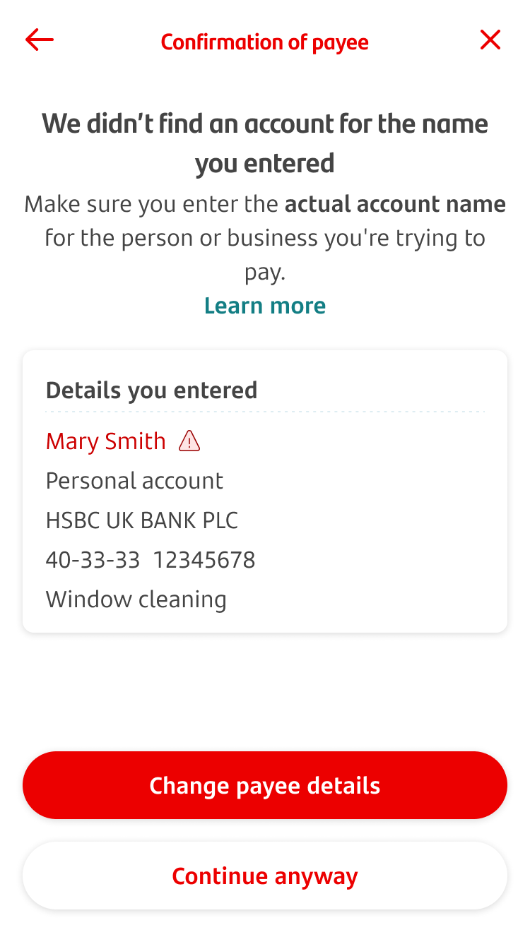 Confirmation of Payee screen saying the bank account details can't be found or doesn't match