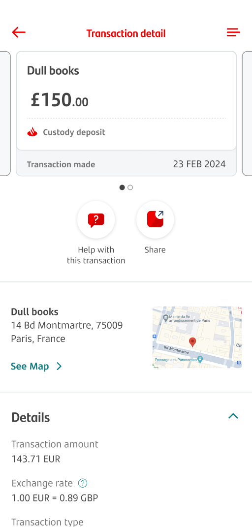 Individual transaction screen, showing amount, seller, purchase date and the button ‘Help with this transaction’.