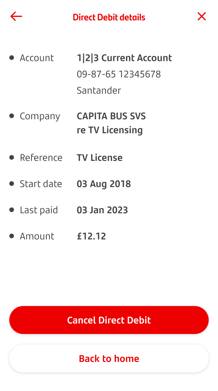 Screen showing details of one Direct Debit