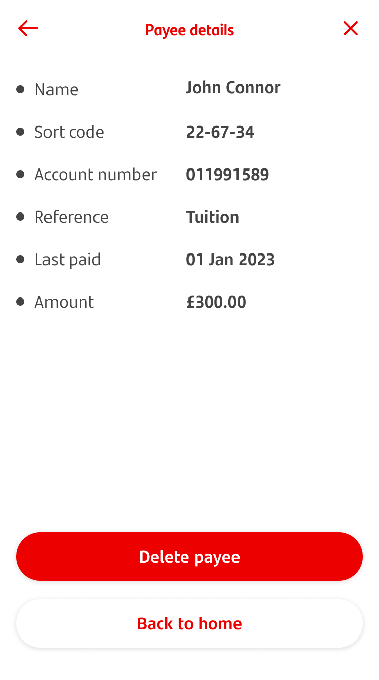 Screen showing details of one payee's details