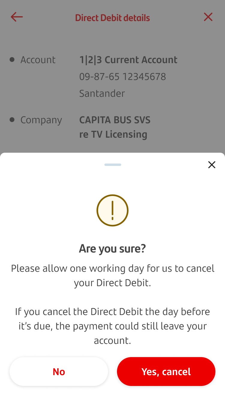 Screen warning customers about cancelling a Direct Debit