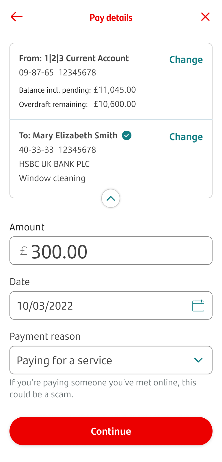 Screen for adding amount, date and reference for paying a new payee