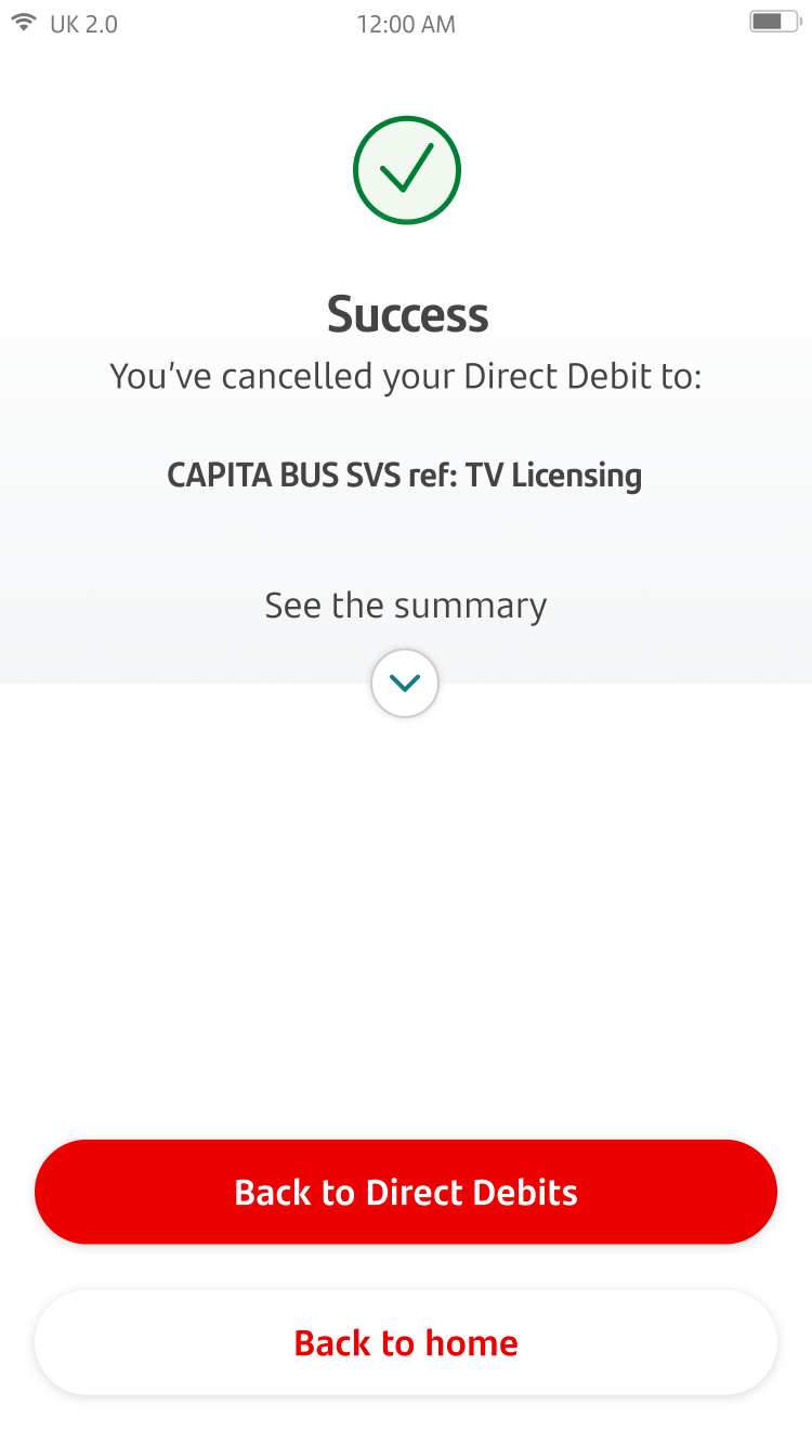 Screen confirming that the Direct Debit has been cancelled.