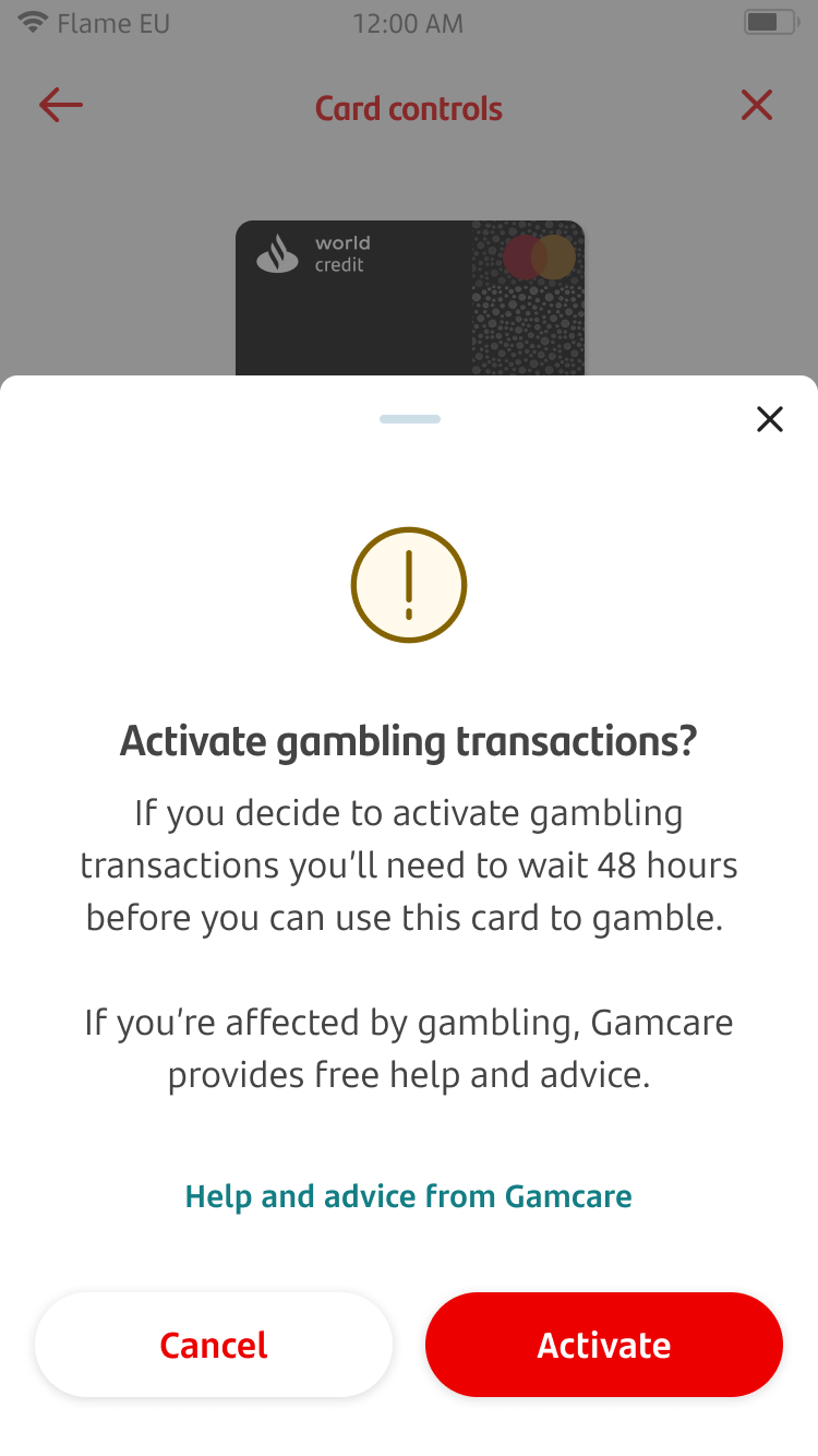 Screen of an alert for activating gambling transactions.