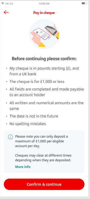 Pay in cheque screen