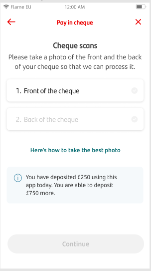 Cheque scan screen asking to scan the front of the cheque.