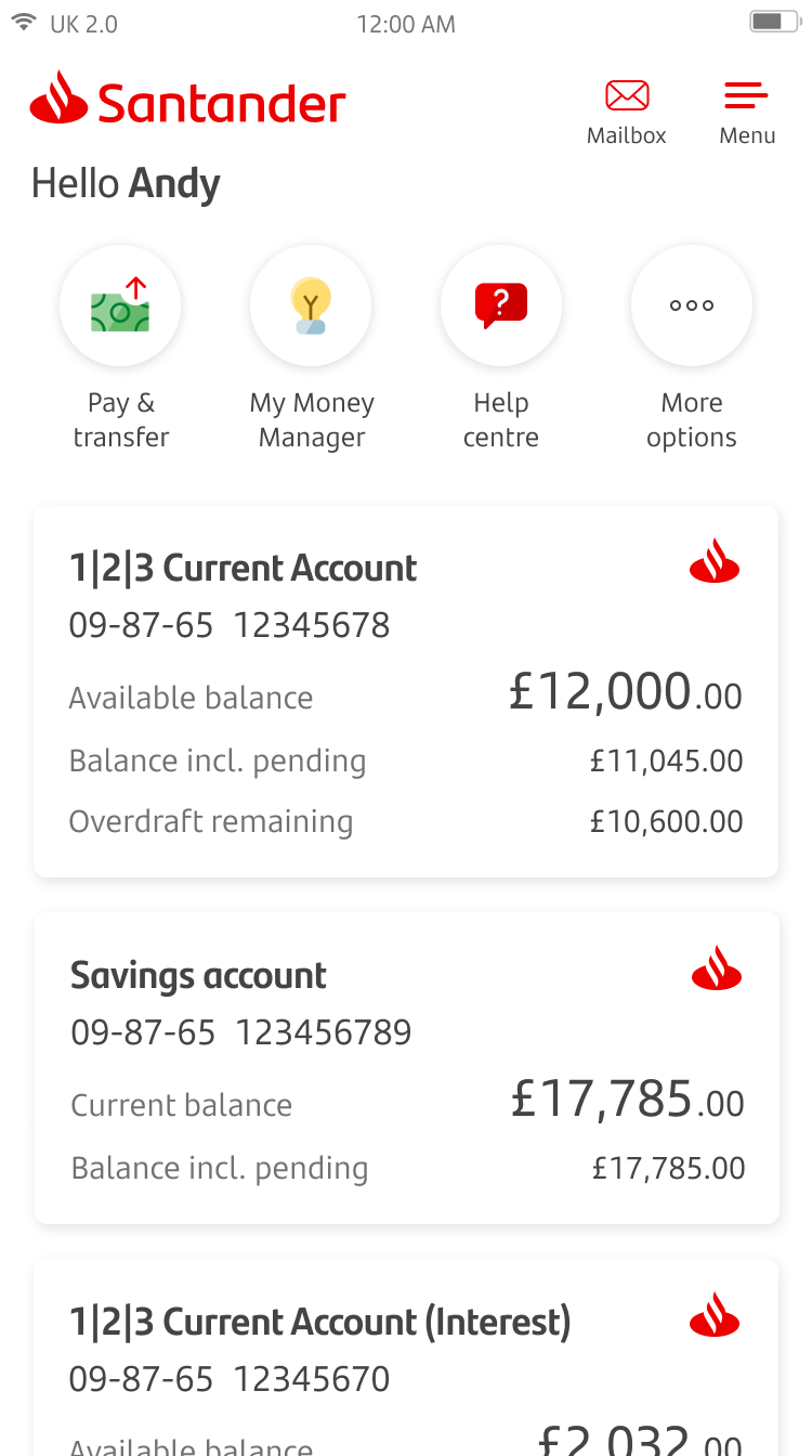 Home page screen showing current and saving accounts