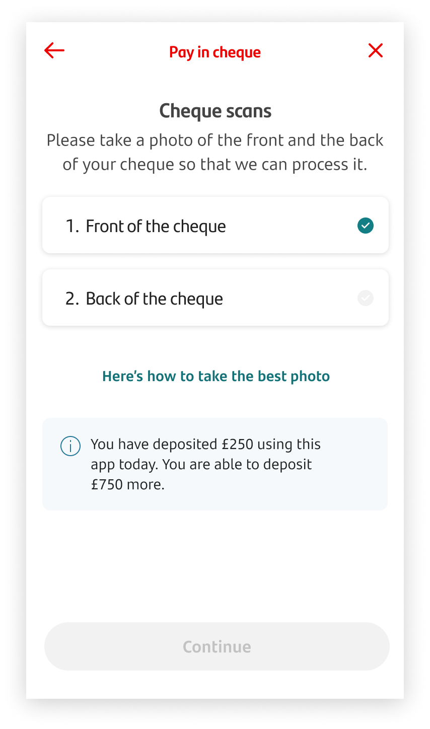 Scan the back of your cheque screen