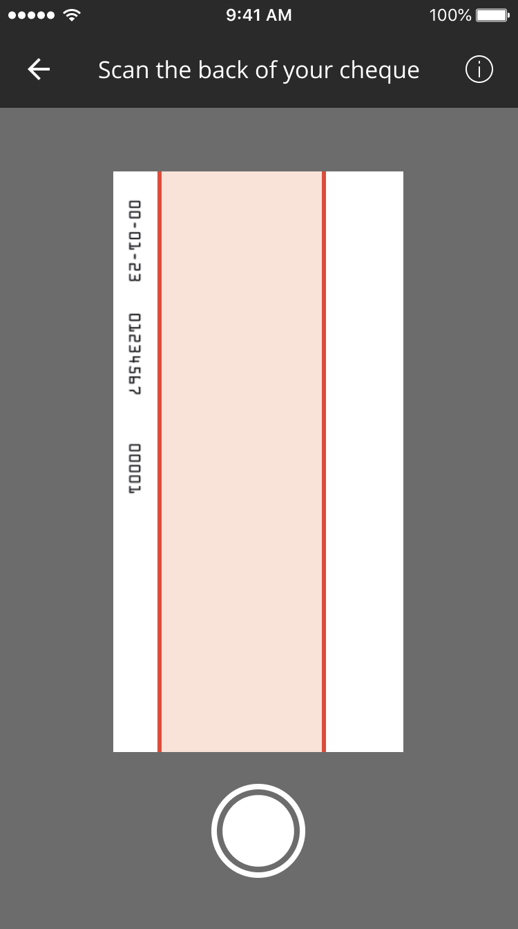 Cheque scan screen with only the front of the cheque completed.