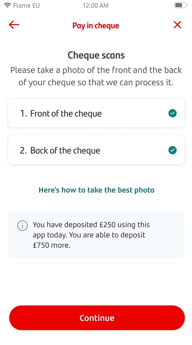 Cheque scan screen with both front and back of the cheque completed.