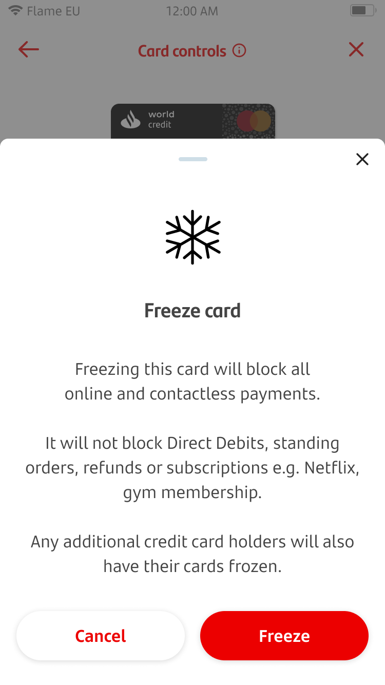 Warning screen about freezing a card