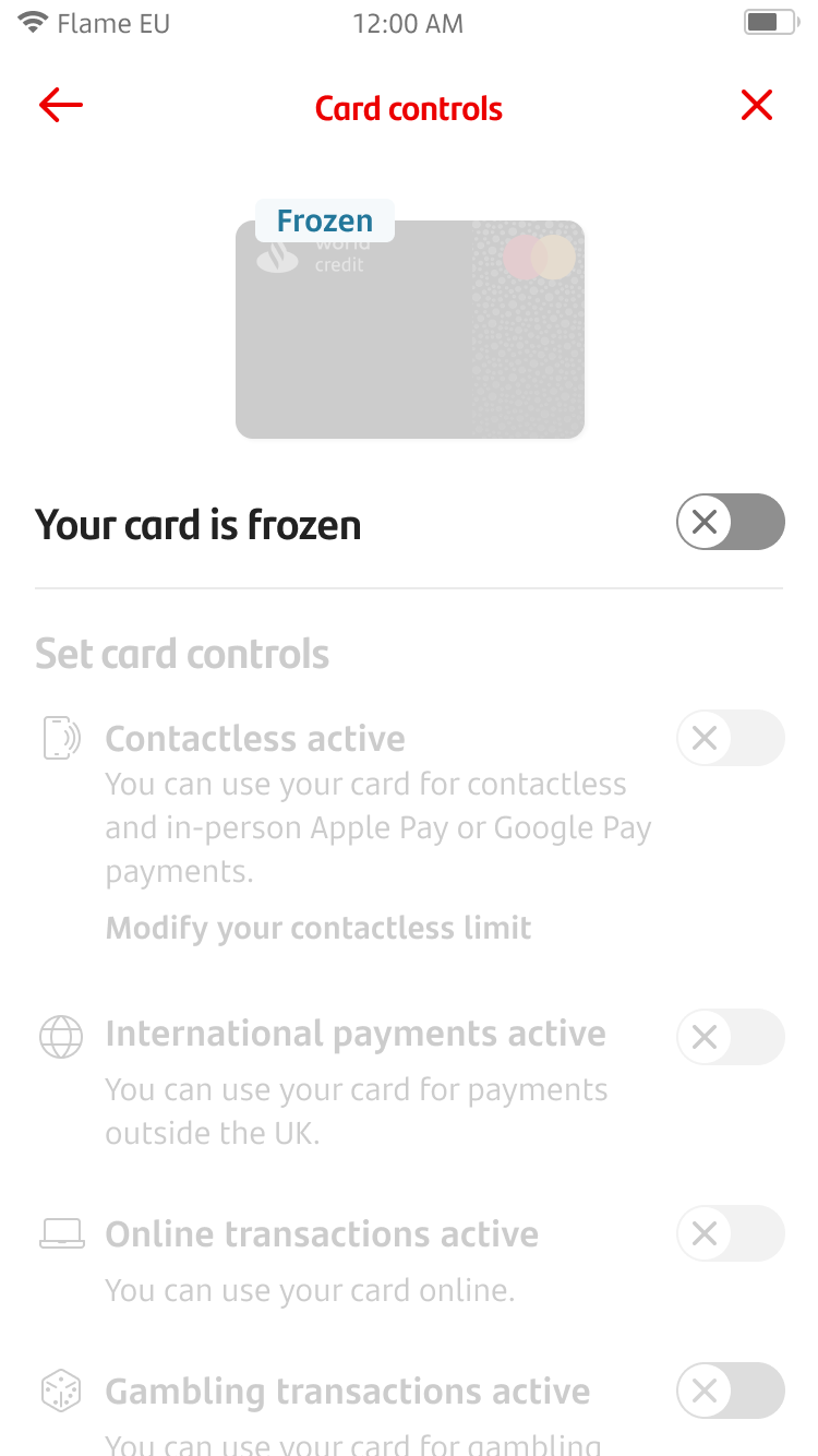 Card controls screen when a card is frozen.