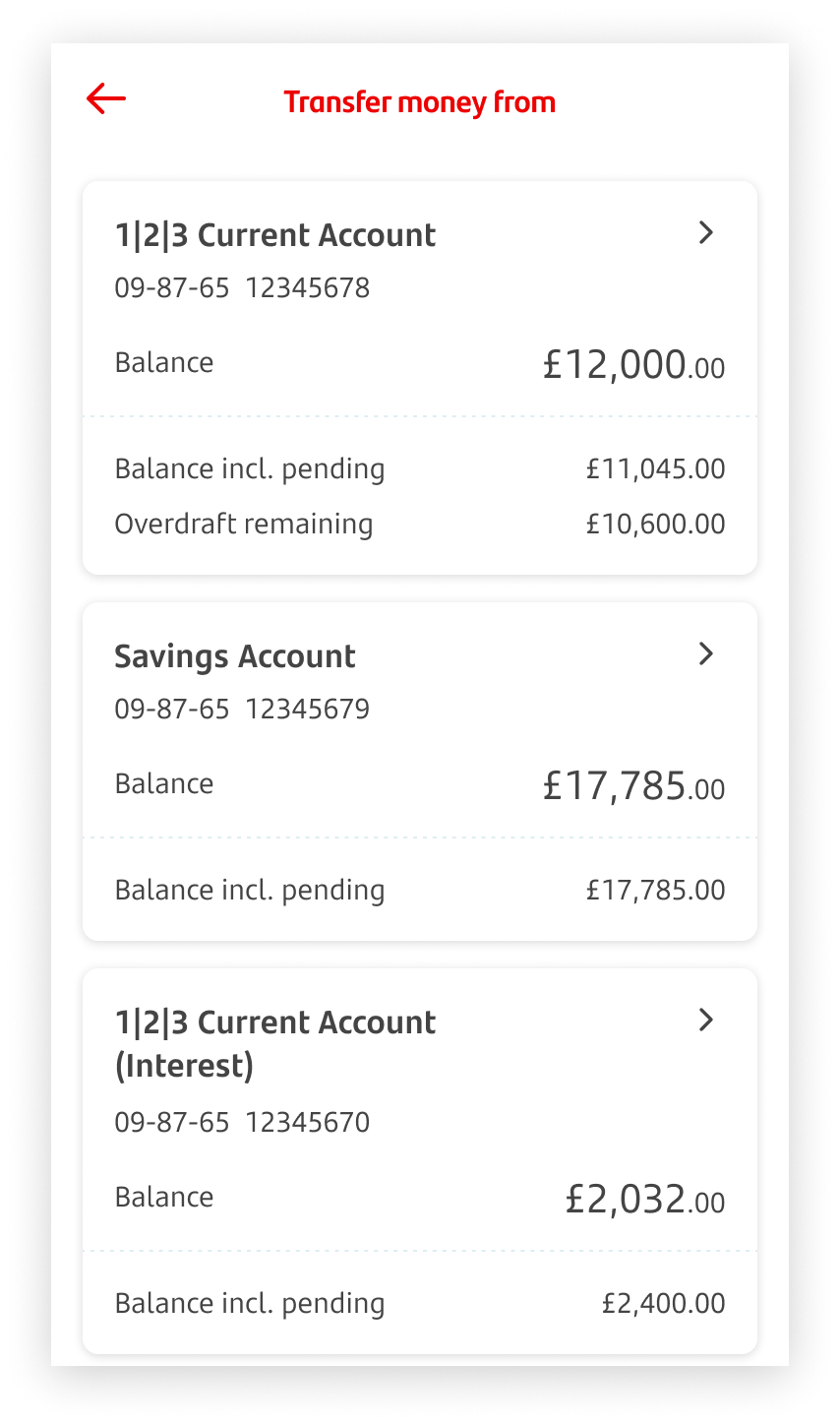 Screen with customer's account to transfer money from.