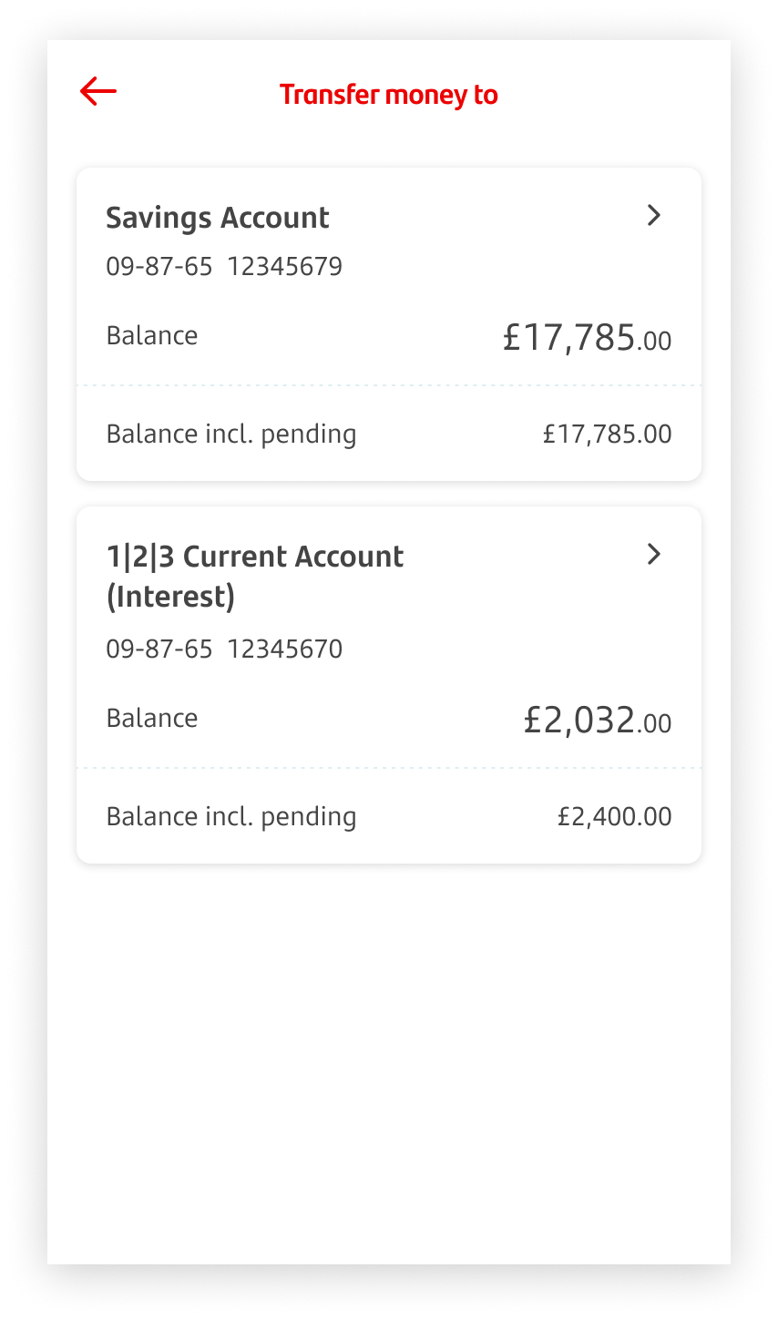 Screen with accounts to transfer money to.