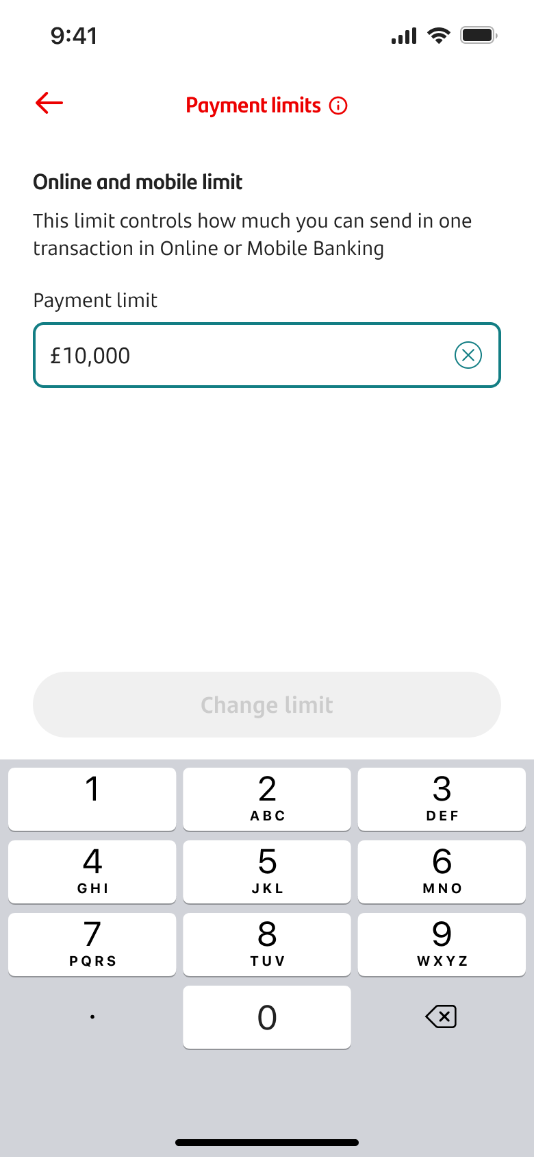 Payment limits screen with payment limit value.