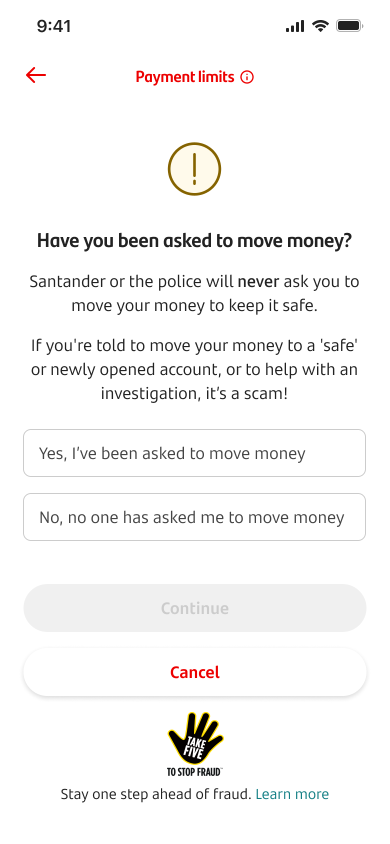 Payment limits screen asking the customer if they were asked to move money