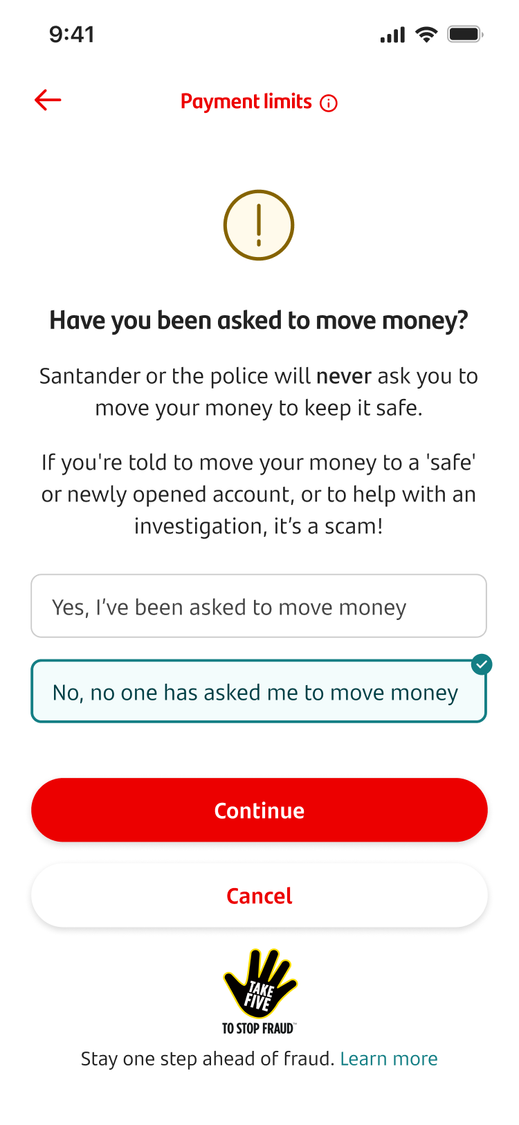 Payment limits alert screen asking the customer if someone asked them to move money.