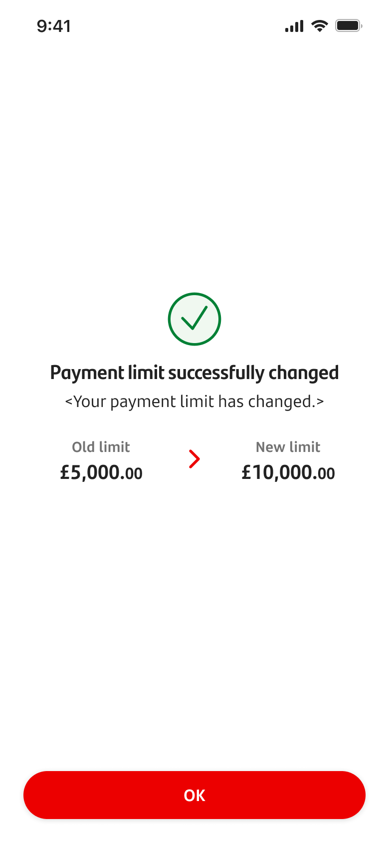 Success screen with payment limit change.