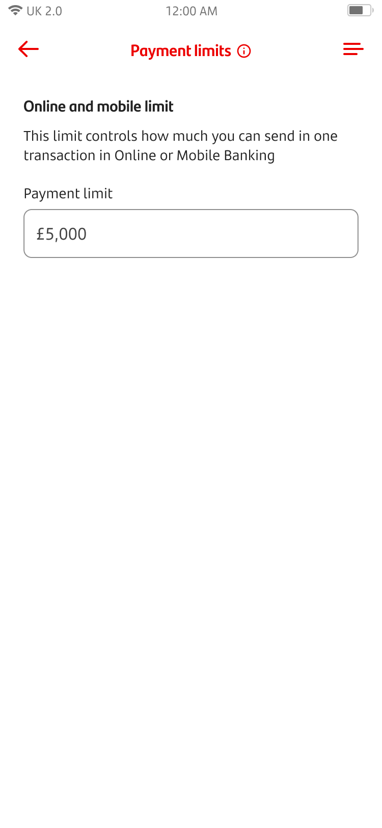 Manage payment screen 3 v2.2.png Payment limits screen with payment limit value