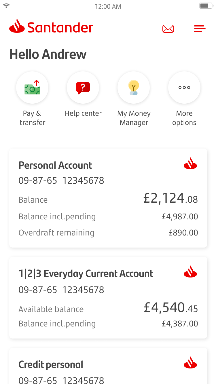 Home page screen showing current and saving accounts