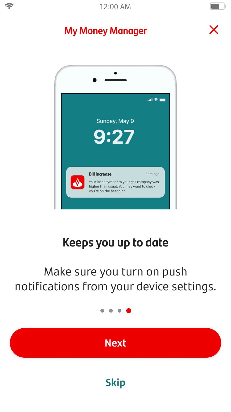 Demo screen for My Money Manager about push notifications.