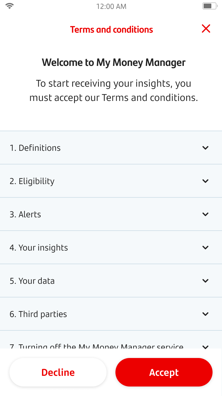 Terms and conditions screen for My Money Manager.