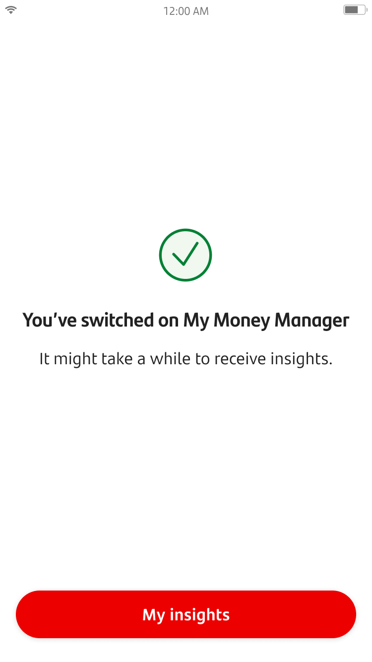 Screen to confirm My Money Manager is switched on