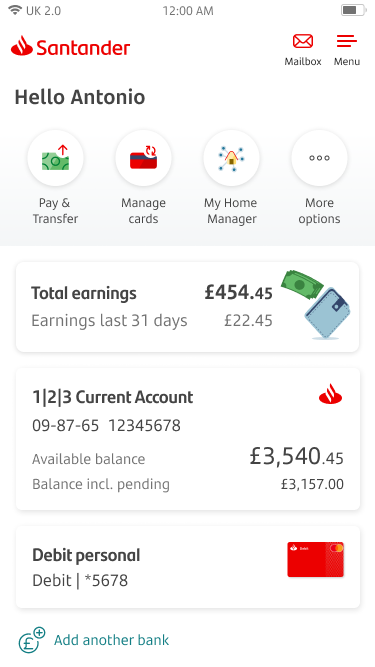 Home page screen showing total earnings, and other account balances.