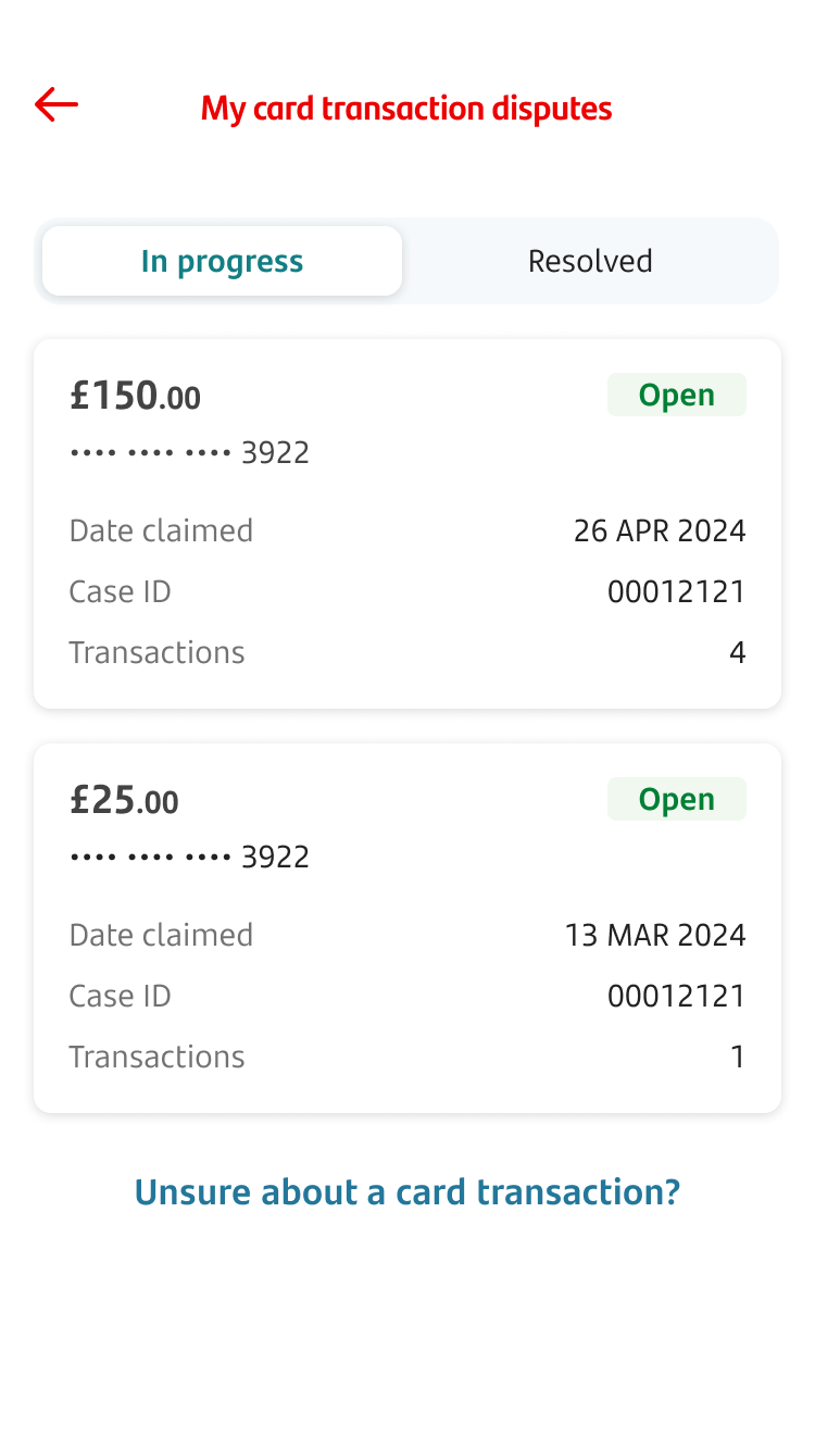 My card transaction disputes screen, showing reports that are in progress.
