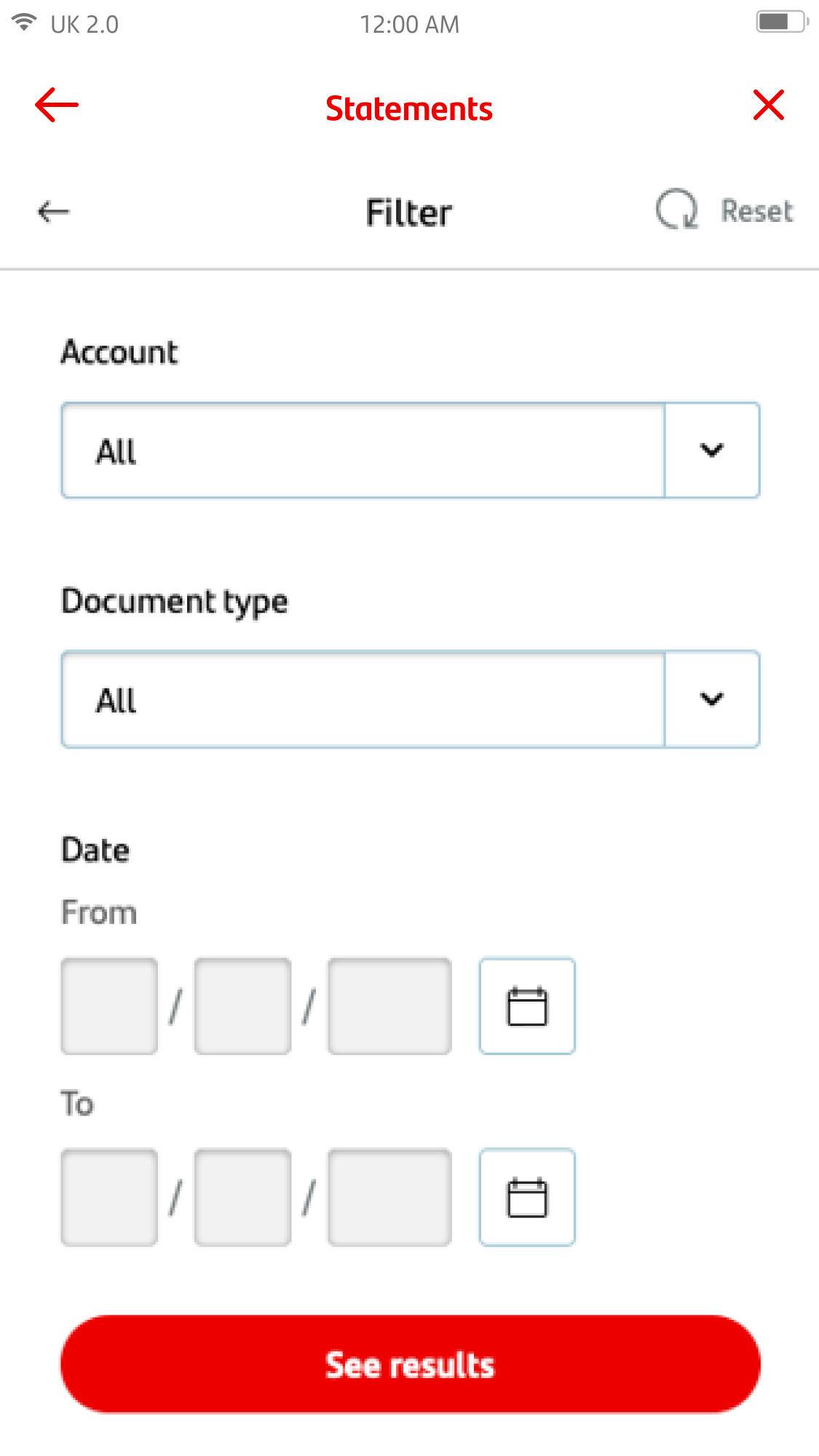 Screen showing filters in the statements section