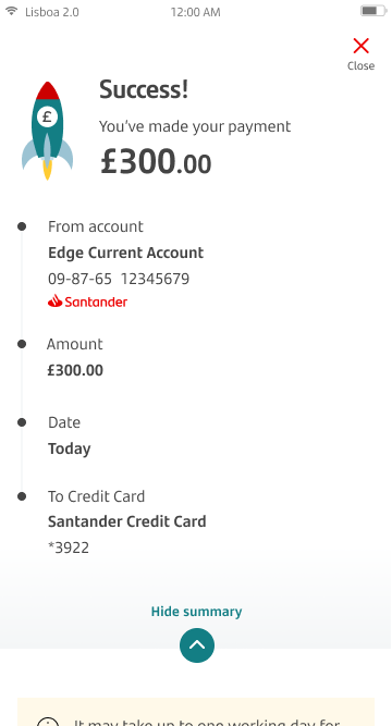 Success screen for paying a credit card, the final step for paying a credit card.