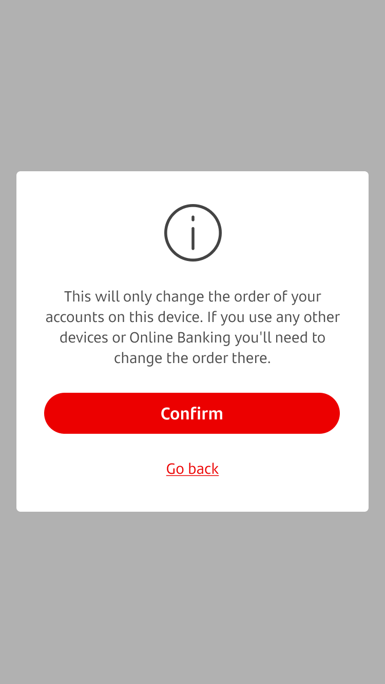 The Business Banking mobile app sort accounts confirmation screen