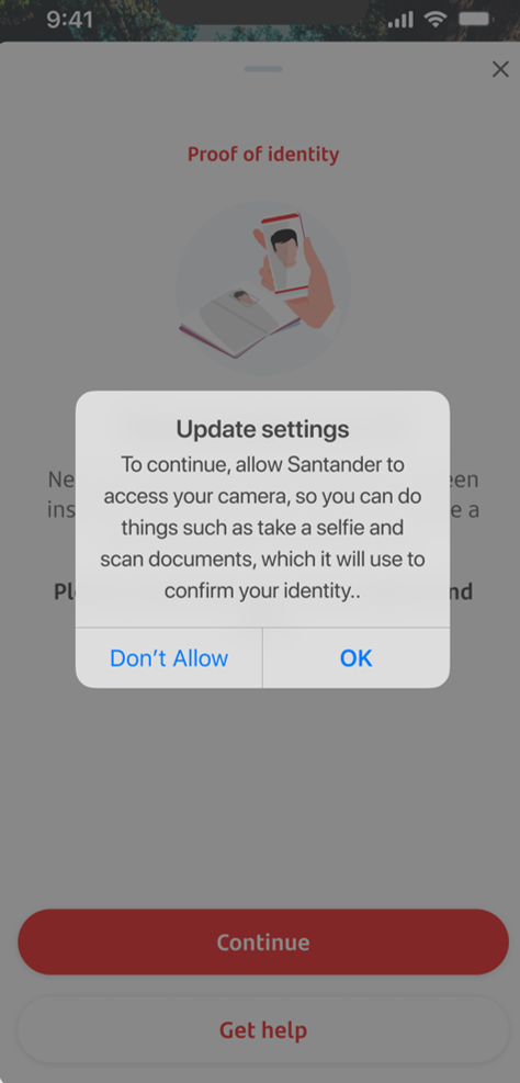 Screen for proof of identity asking a customer to let Santander access their camera phone